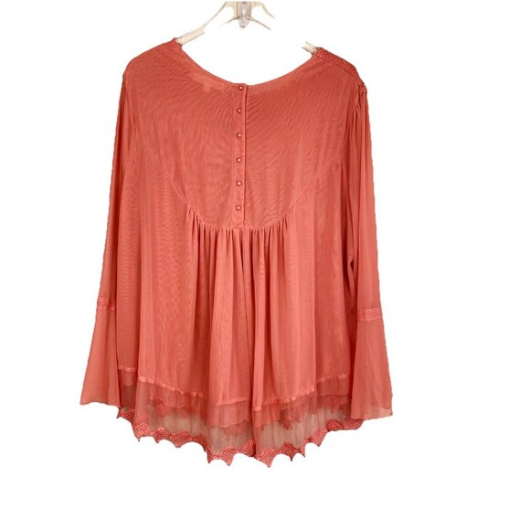 Indigo Thread 3X Coral Orange Chiffon Embroidered Popover Top Boho Back Buttons - Picture 2 of 9